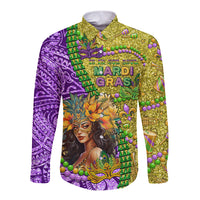 Personalised Hawaii Mardi Gras Long Sleeve Button Shirt Polynesian Pattern With Glitter Style LT05 Unisex Yellow - Polynesian Pride