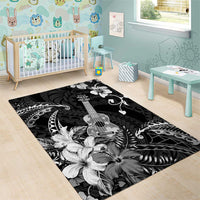 Hawaii Ukulele Area Rug Polynesian Pattern Mix Hibiscus Black Version