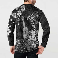Hawaii Ukulele Button Sweatshirt Polynesian Pattern Mix Hibiscus Black Version LT05 - Polynesian Pride