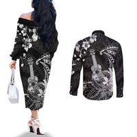 Hawaii Ukulele Couples Matching Off The Shoulder Long Sleeve Dress and Long Sleeve Button Shirt Polynesian Pattern Mix Hibiscus Black Version LT05