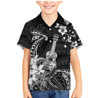 Hawaii Ukulele Family Matching Mermaid Dress and Hawaiian Shirt Polynesian Pattern Mix Hibiscus Black Version LT05 Son's Shirt Black - Polynesian Pride