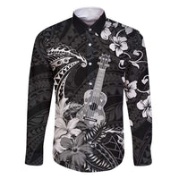 Hawaii Ukulele Family Matching Off Shoulder Maxi Dress and Hawaiian Shirt Polynesian Pattern Mix Hibiscus Black Version LT05