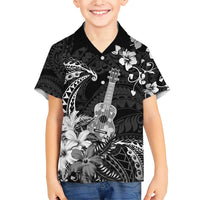 Hawaii Ukulele Family Matching Short Sleeve Bodycon Dress and Hawaiian Shirt Polynesian Pattern Mix Hibiscus Black Version LT05 Son's Shirt Black - Polynesian Pride