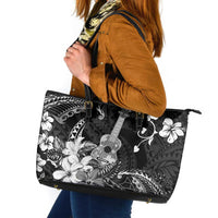 Hawaii Ukulele Leather Tote Bag Polynesian Pattern Mix Hibiscus Black Version LT05 Black - Polynesian Pride
