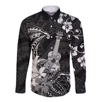Hawaii Ukulele Long Sleeve Button Shirt Polynesian Pattern Mix Hibiscus Black Version LT05 Unisex Black - Polynesian Pride