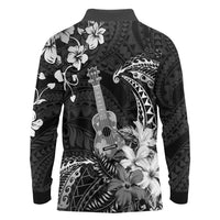 Hawaii Ukulele Long Sleeve Polo Shirt Polynesian Pattern Mix Hibiscus Black Version LT05 - Polynesian Pride