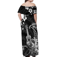 Hawaii Ukulele Off Shoulder Maxi Dress Polynesian Pattern Mix Hibiscus Black Version LT05