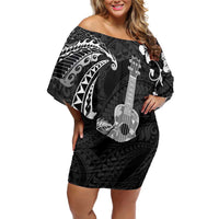 Hawaii Ukulele Off Shoulder Short Dress Polynesian Pattern Mix Hibiscus Black Version LT05 Women Black - Polynesian Pride