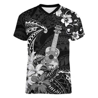 Hawaii Ukulele Women V-Neck T-Shirt Polynesian Pattern Mix Hibiscus Black Version LT05 Female Black - Polynesian Pride