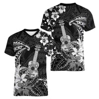 Hawaii Ukulele Women V-Neck T-Shirt Polynesian Pattern Mix Hibiscus Black Version LT05 - Polynesian Pride