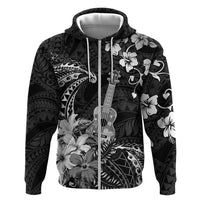 Hawaii Ukulele Zip Hoodie Polynesian Pattern Mix Hibiscus Black Version LT05 Zip Hoodie Black - Polynesian Pride