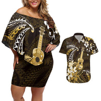 Hawaii Ukulele Couples Matching Off Shoulder Short Dress and Hawaiian Shirt Polynesian Pattern Mix Hibiscus Gold Version LT05