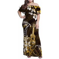 Hawaii Ukulele Family Matching Off Shoulder Maxi Dress and Hawaiian Shirt Polynesian Pattern Mix Hibiscus Gold Version LT05 Mom's Dress Gold - Polynesian Pride
