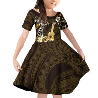 Hawaii Ukulele Family Matching Off Shoulder Short Dress and Hawaiian Shirt Polynesian Pattern Mix Hibiscus Gold Version LT05 Daughter's Dress Gold - Polynesian Pride