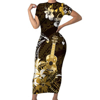Hawaii Ukulele Family Matching Short Sleeve Bodycon Dress and Hawaiian Shirt Polynesian Pattern Mix Hibiscus Gold Version LT05 Mom's Dress Gold - Polynesian Pride