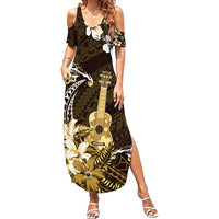 Hawaii Ukulele Family Matching Summer Maxi Dress and Hawaiian Shirt Polynesian Pattern Mix Hibiscus Gold Version LT05 Mom's Dress Gold - Polynesian Pride