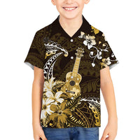 Hawaii Ukulele Family Matching Tank Maxi Dress and Hawaiian Shirt Polynesian Pattern Mix Hibiscus Gold Version LT05 Son's Shirt Gold - Polynesian Pride