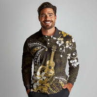 Hawaii Ukulele Long Sleeve Polo Shirt Polynesian Pattern Mix Hibiscus Gold Version LT05 - Polynesian Pride