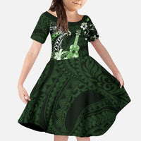 Hawaii Ukulele Family Matching Long Sleeve Bodycon Dress and Hawaiian Shirt Polynesian Pattern Mix Hibiscus Green Version LT05 Daughter's Dress Green - Polynesian Pride