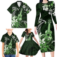Hawaii Ukulele Family Matching Long Sleeve Bodycon Dress and Hawaiian Shirt Polynesian Pattern Mix Hibiscus Green Version LT05 - Polynesian Pride