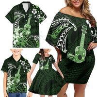 Hawaii Ukulele Family Matching Off Shoulder Short Dress and Hawaiian Shirt Polynesian Pattern Mix Hibiscus Green Version LT05 - Polynesian Pride