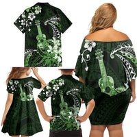 Hawaii Ukulele Family Matching Off Shoulder Short Dress and Hawaiian Shirt Polynesian Pattern Mix Hibiscus Green Version LT05 - Polynesian Pride