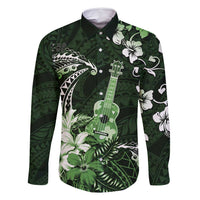 Hawaii Ukulele Family Matching Off Shoulder Short Dress and Hawaiian Shirt Polynesian Pattern Mix Hibiscus Green Version LT05 Dad's Shirt - Long Sleeve Green - Polynesian Pride