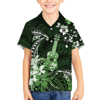 Hawaii Ukulele Kid Hawaiian Shirt Polynesian Pattern Mix Hibiscus Green Version LT05 Kid Green - Polynesian Pride