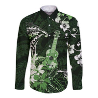 Hawaii Ukulele Long Sleeve Button Shirt Polynesian Pattern Mix Hibiscus Green Version LT05 Unisex Green - Polynesian Pride