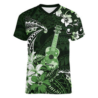 Hawaii Ukulele Women V-Neck T-Shirt Polynesian Pattern Mix Hibiscus Green Version LT05 Female Green - Polynesian Pride