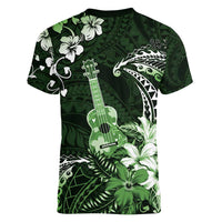 Hawaii Ukulele Women V-Neck T-Shirt Polynesian Pattern Mix Hibiscus Green Version LT05 - Polynesian Pride