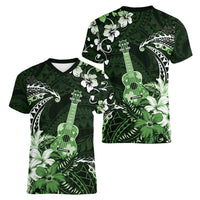 Hawaii Ukulele Women V-Neck T-Shirt Polynesian Pattern Mix Hibiscus Green Version LT05 - Polynesian Pride