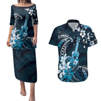 Hawaii Ukulele Couples Matching Puletasi and Hawaiian Shirt Polynesian Pattern Mix Hibiscus Blue Version LT05 Blue - Polynesian Pride
