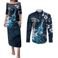 Hawaii Ukulele Couples Matching Puletasi and Long Sleeve Button Shirt Polynesian Pattern Mix Hibiscus Blue Version LT05 Blue - Polynesian Pride