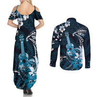 Hawaii Ukulele Couples Matching Summer Maxi Dress and Long Sleeve Button Shirt Polynesian Pattern Mix Hibiscus Blue Version LT05 - Polynesian Pride