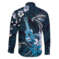Hawaii Ukulele Family Matching Long Sleeve Bodycon Dress and Hawaiian Shirt Polynesian Pattern Mix Hibiscus Blue Version LT05 - Polynesian Pride
