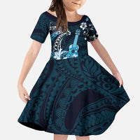 Hawaii Ukulele Family Matching Mermaid Dress and Hawaiian Shirt Polynesian Pattern Mix Hibiscus Blue Version LT05 Daughter's Dress Blue - Polynesian Pride