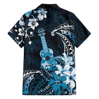 Hawaii Ukulele Family Matching Off The Shoulder Long Sleeve Dress and Hawaiian Shirt Polynesian Pattern Mix Hibiscus Blue Version LT05