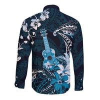 Hawaii Ukulele Long Sleeve Button Shirt Polynesian Pattern Mix Hibiscus Blue Version LT05 - Polynesian Pride
