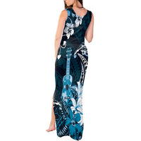 Hawaii Ukulele Tank Maxi Dress Polynesian Pattern Mix Hibiscus Blue Version LT05 - Polynesian Pride