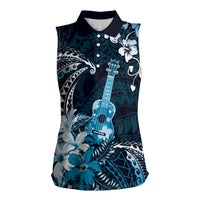 Hawaii Ukulele Women Sleeveless Polo Shirt Polynesian Pattern Mix Hibiscus Blue Version LT05 Female Blue - Polynesian Pride