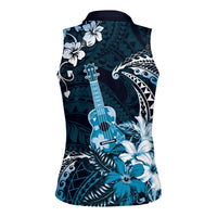 Hawaii Ukulele Women Sleeveless Polo Shirt Polynesian Pattern Mix Hibiscus Blue Version LT05 - Polynesian Pride