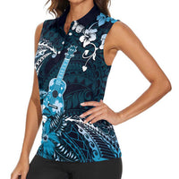 Hawaii Ukulele Women Sleeveless Polo Shirt Polynesian Pattern Mix Hibiscus Blue Version LT05 - Polynesian Pride