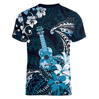 Hawaii Ukulele Women V-Neck T-Shirt Polynesian Pattern Mix Hibiscus Blue Version LT05 - Polynesian Pride