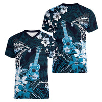 Hawaii Ukulele Women V-Neck T-Shirt Polynesian Pattern Mix Hibiscus Blue Version LT05 - Polynesian Pride