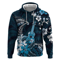 Hawaii Ukulele Zip Hoodie Polynesian Pattern Mix Hibiscus Blue Version LT05 Pullover Hoodie Blue - Polynesian Pride