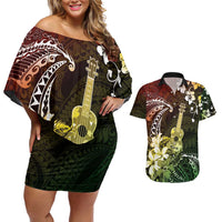 Hawaii Ukulele Couples Matching Off Shoulder Short Dress and Hawaiian Shirt Polynesian Pattern Mix Hibiscus Reggae Version LT05