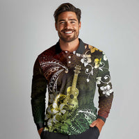 Hawaii Ukulele Long Sleeve Polo Shirt Polynesian Pattern Mix Hibiscus Reggae Version LT05 - Polynesian Pride