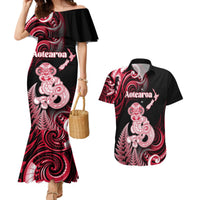 Personalised New Zealand Maori Taniwha Couples Matching Mermaid Dress and Hawaiian Shirt Silver Fern Red Version LT05 Red - Polynesian Pride