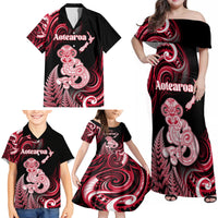 Personalised New Zealand Maori Taniwha Family Matching Off Shoulder Maxi Dress and Hawaiian Shirt Silver Fern Red Version LT05 - Polynesian Pride